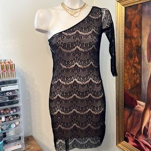 Nude & Black Lace One Shoulder Dress
